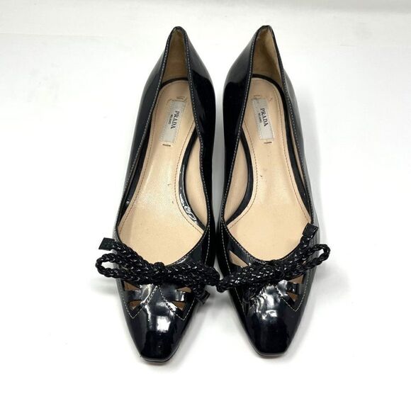 Prada black Patent leather kitten heels slip on bow cap toe EU 36.5 Italy BoxA - Picture 2 of 6